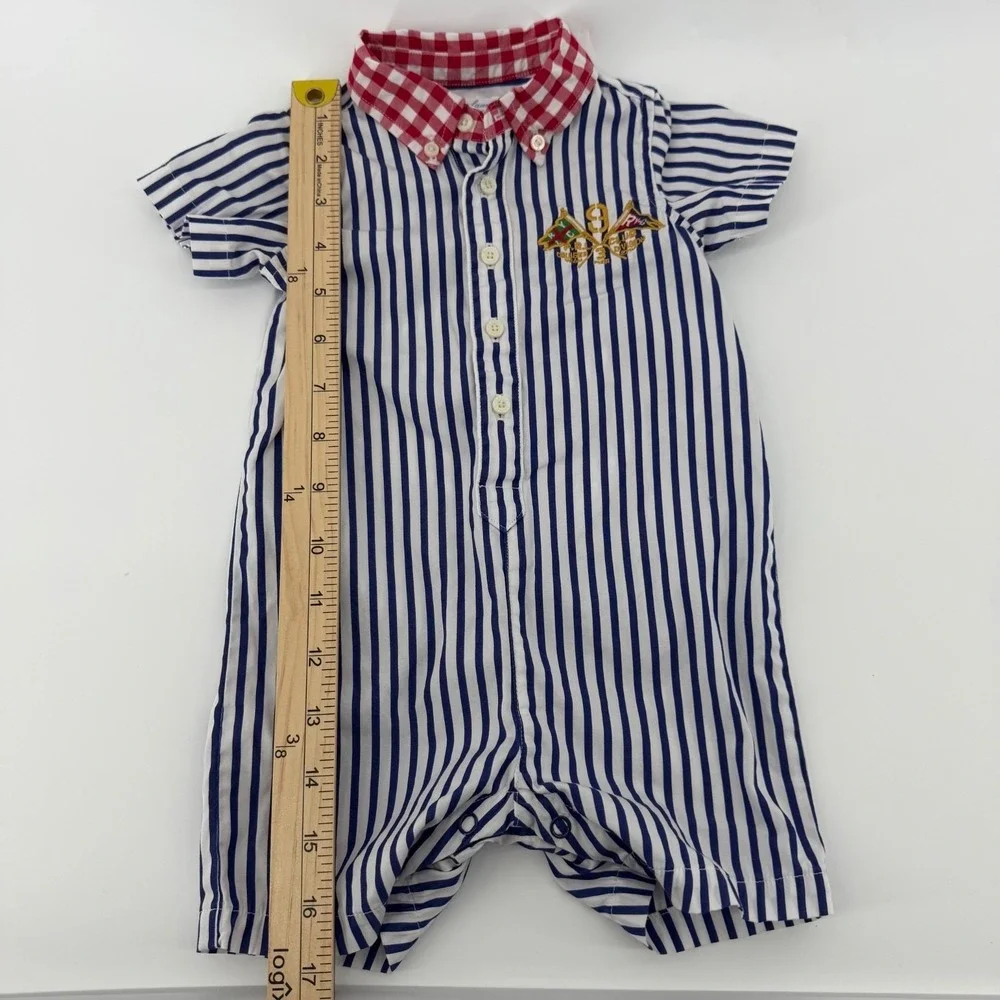 Ralph Lauren Baby Boys Cotton Nautical Romper Blue White Stripe 6M Button Front